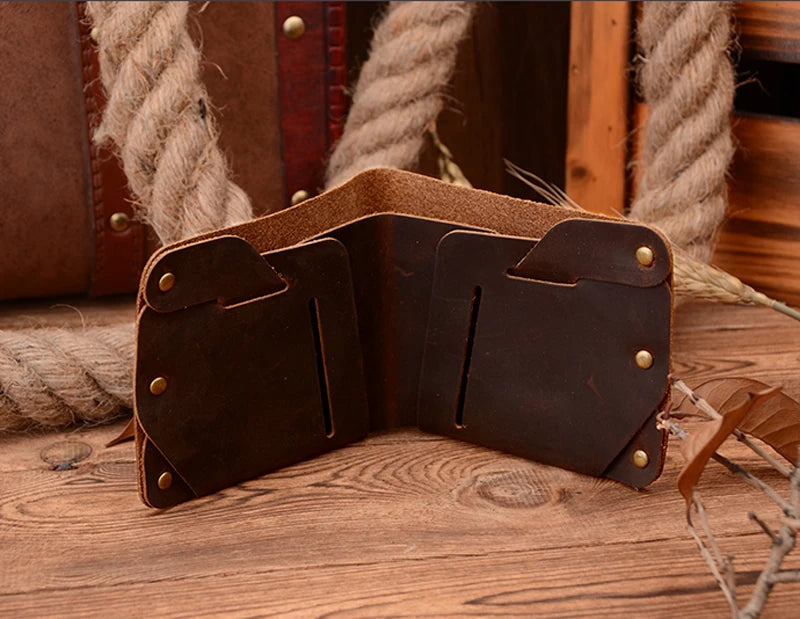 Fashion PUNK Handmade Crazy Horse Genuine Leather Wallet Men Money clip Short Wallet Bag Stud male Purse Card Holder Wallet