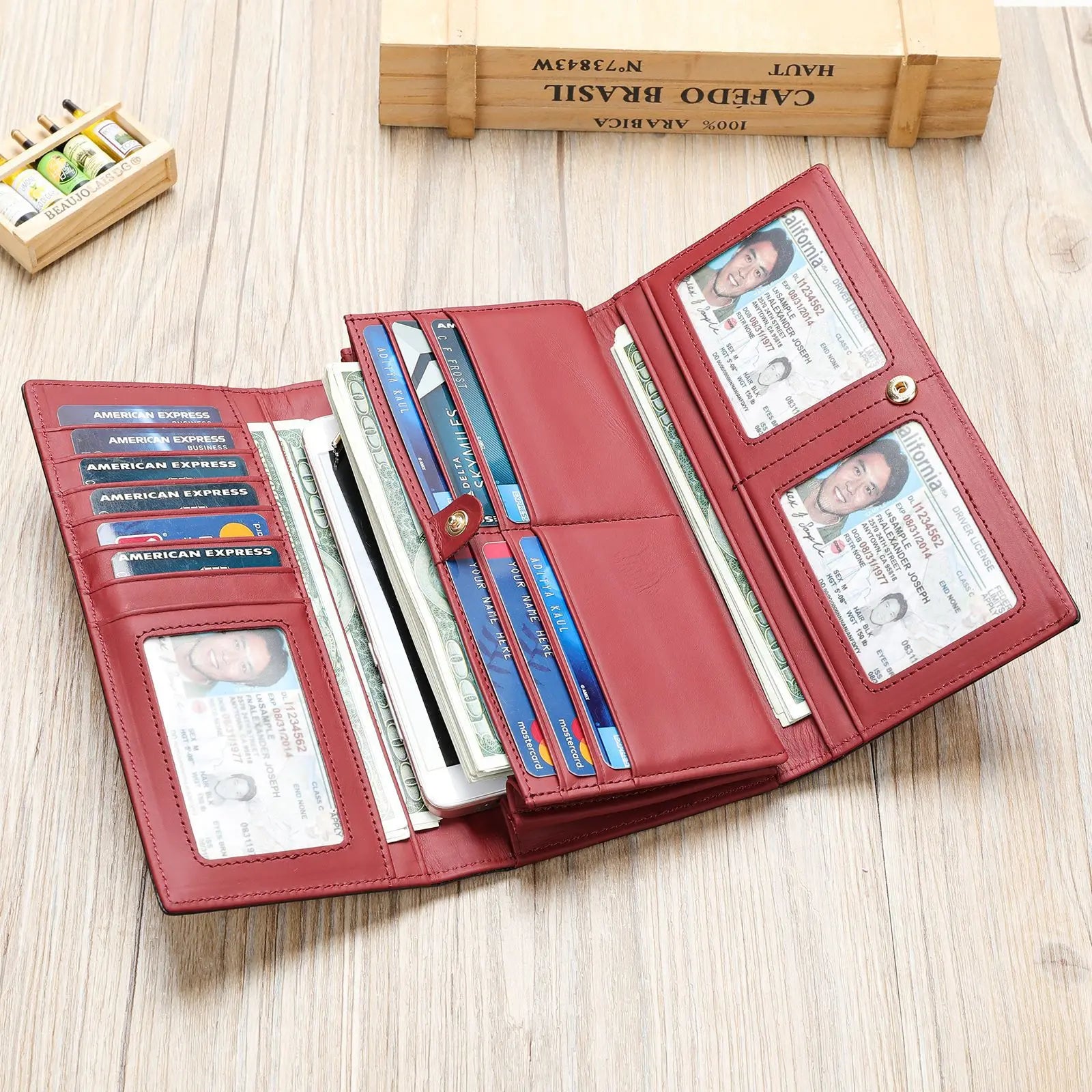RFID Blocking Genuine Leather Women Wallet Vintage Medium Long Bifold Purse Coin Pouch