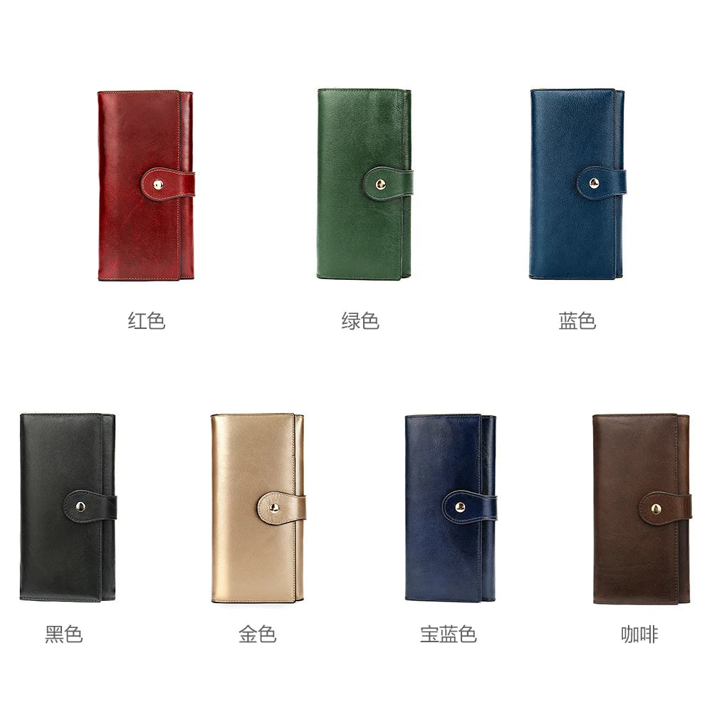 RFID Blocking Genuine Leather Women Wallet Vintage Medium Long Bifold Purse Coin Pouch